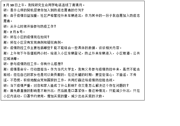 文本框: 2月10日上午，电影天堂
研究生会同学电话连线了谢清月。研：是什么样的契机促使你加入到防疫志愿者的行列？谢：由于疫情日益加重，社区严格管控外来车辆进出，作为其中的一份子我自愿加入防疫志愿者。研：从什么时候开始参与防疫工作？谢：2月3号。研：所在小区的疫情现在如何？谢：所在小区没有发现病例和疑似病例。研：疫情防控工作主要包括哪些？能不能结合一些具体的数据，谈谈相关内容。谢：上午和下午各值班两小时，给进入小区车辆登记，防止外来车辆进入，小区楼道、公共区域消毒。研：参与疫情防控工作，你有什么感想？谢：疫情是命令，行动显担当。作为当代大学生，我有义务参与疫情防控中来，虽然不能去前线，但在自己的家乡也是可以做贡献的，在这关键的时期，要坚定信心，不造谣，不传谣，不恐慌，积极地配合党和国家的工作，共同打赢这场疫情防控阻击战。研：当下疫情严重，对您和家人造成了什么影响？你又是怎么解决这个存在问题的？谢：首先最直接的影响是不敢外出，然后就是口罩紧张。像这种情况，只能减少外出，只在小区内活动，口罩节约使用，增加买菜的量，减少出去买菜的次数。